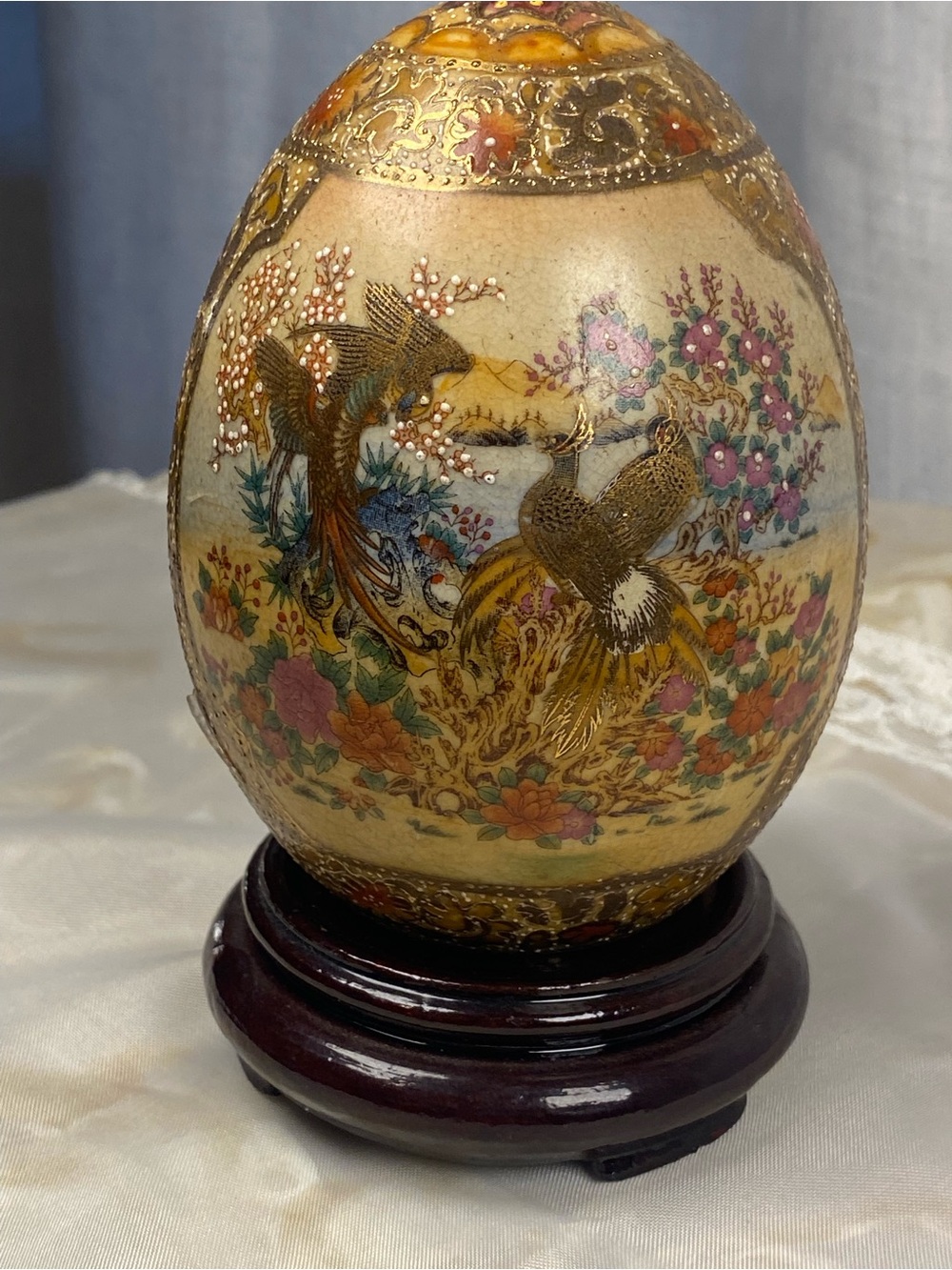 Satsuma Hand-Painted Moriage Golden Egg with Cherry Blossom and Peacock Motif